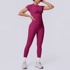Seamless Knitted Short Sleeved Trousers Solid Color Three Section Waist Peach Hip Breathable Hip Raise Fitness Pants Yoga Set Women