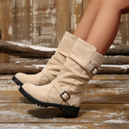 Autumn Belt Buckle Sleeve Wool Mouth Mid Calf Boots Women Plus Size Buckle Suede Thin Knight Boots