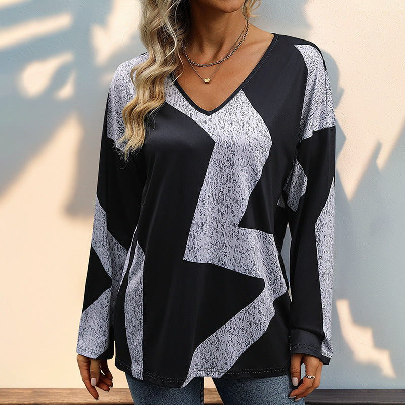 Women's Fall Women Clothing Long-Sleeved Casual Loose Color Matching Top For Women