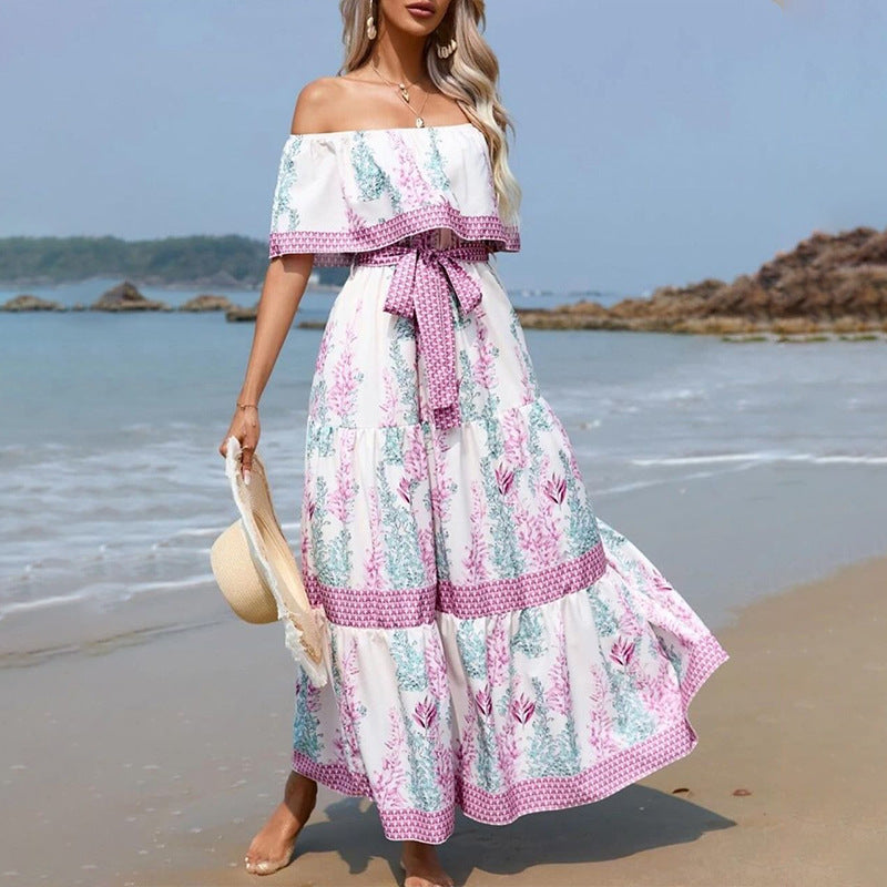 Spring Summer Off-Shoulder Printing Long Large Hem Dress