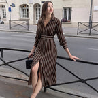 Lazy Elegant Collared Vertical Striped Shirt Mid Length Dress