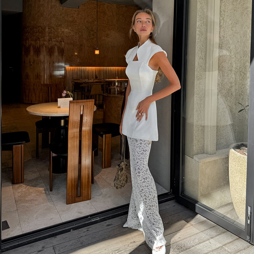 Women's White Lace Asymmetric Top and Skirt Two-Piece Set