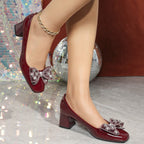 Women's Satin Black Professional High Heels Square Toe