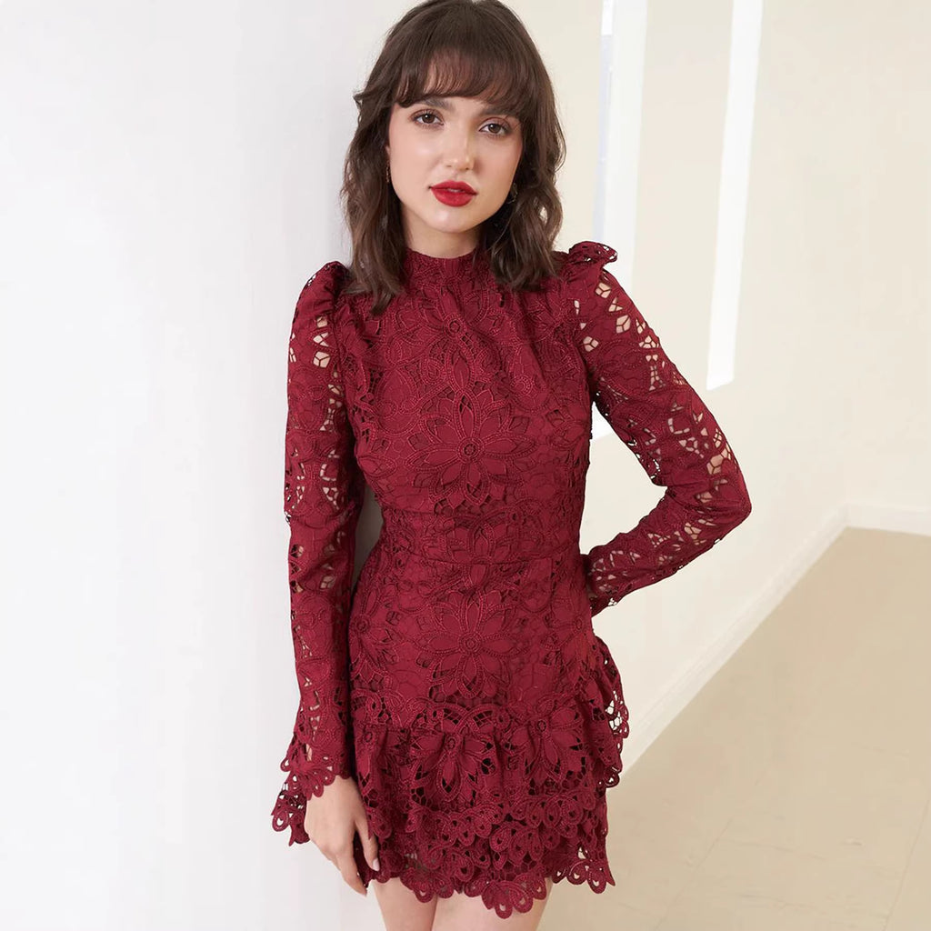 Stand Collar Long Sleeve Embroidered Floral Mesh Short