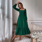 Women's Autumn Winter Pullover Square Collar Long Sleeve Ruffled High Waist Tight Office Dress For Women