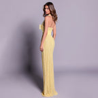 Yellow Embellished Tube Bead Bow Halter Formal Dress Vision Elegant