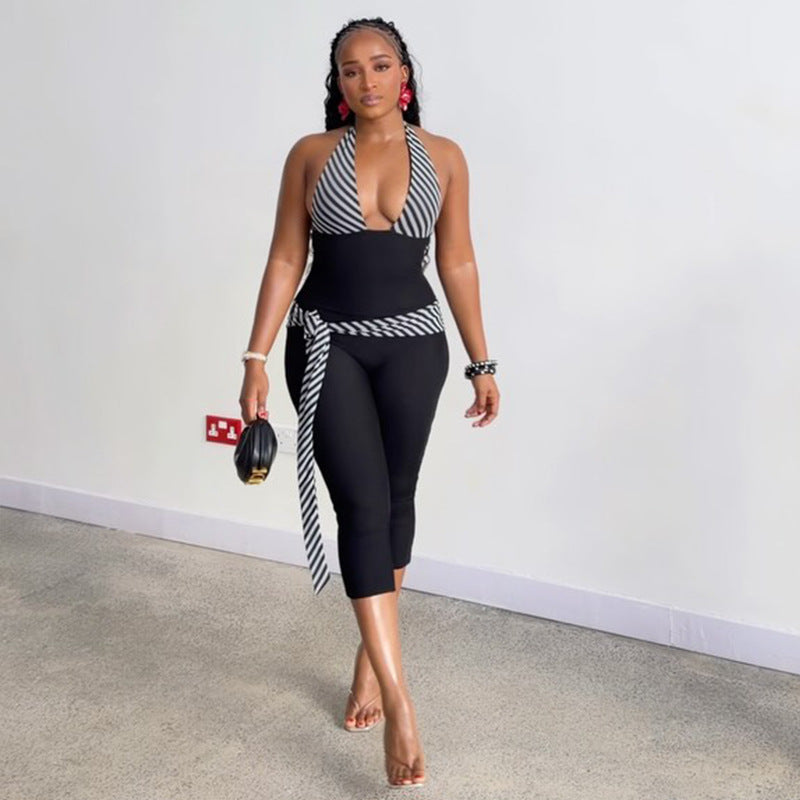 Stitching Sports Yoga Sheath V Neck Halter Jumpsuit