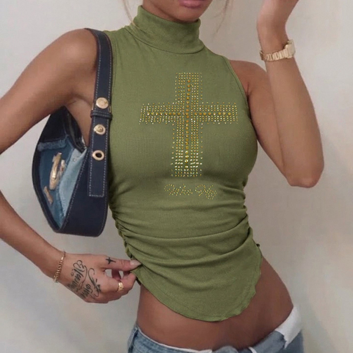 Sexy Floral Rhinestone Waist Tight Turtleneck Vest Street