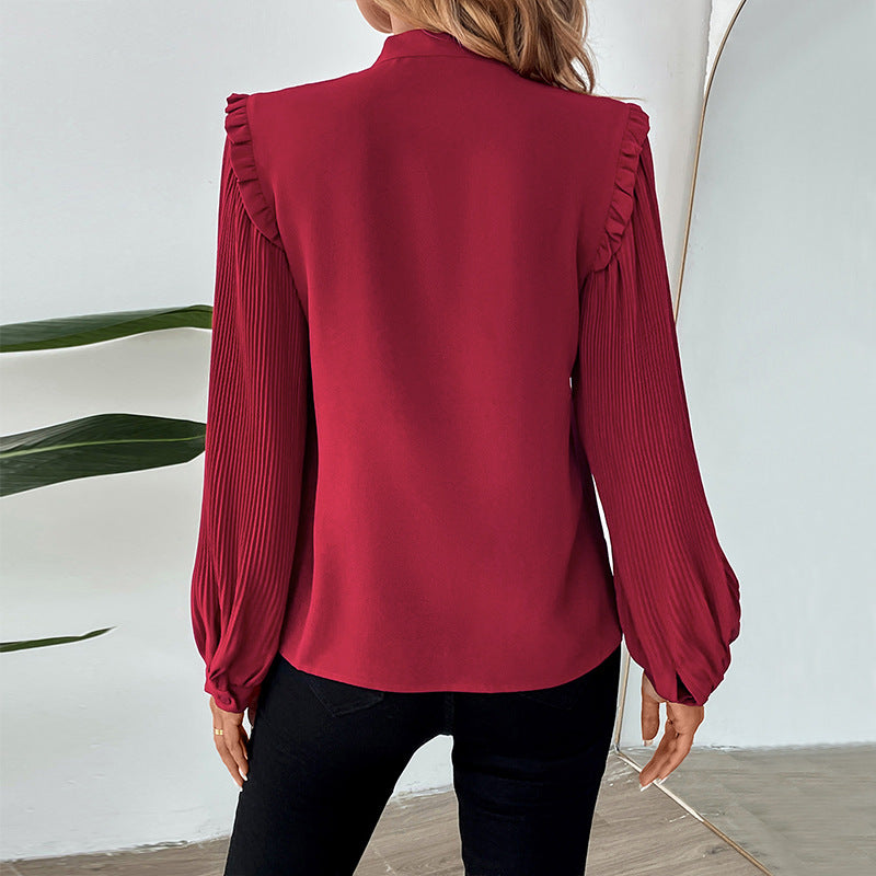 Women's Shirt Lantern Long Sleeve Bow Collar Solid Color Women Shirt