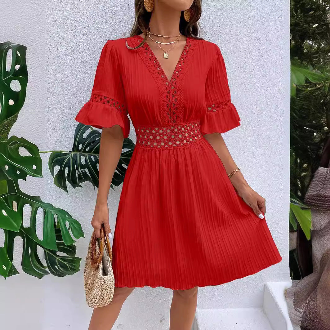 Women's Lace V-Neck A-Line Midi Dress