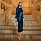 High Grade Long Sleeved Round Neck Sequined Cocktail Mid Dress