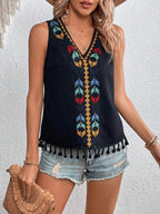 Women's Embroidered Tassel V-Neck Vest Top