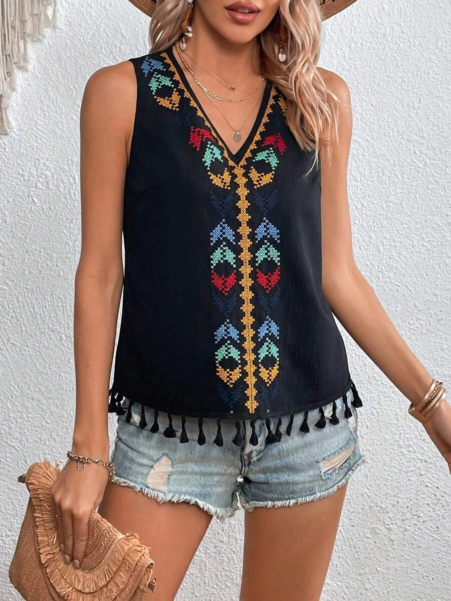 Women's Embroidered Tassel V-Neck Vest Top