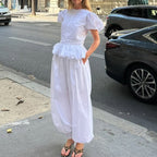 Women Simple Casual Suit Puff Sleeve Round Neck Design Blouse Ankle Banded Pants Two Piece Sets
