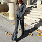 Striped Collared Long Sleeve Top Shirt High Waist Trousers Two Piece Set Autumn Office Set for Women