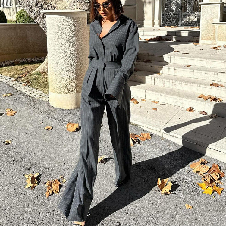 Striped Collared Long Sleeve Top Shirt High Waist Trousers Two Piece Set Autumn Office Set for Women