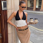 French Contrast Color V neck Halter Vest Summer Polka Dot Sexy Lace up Top