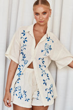 Blue Embroidery-Shorts Suit
