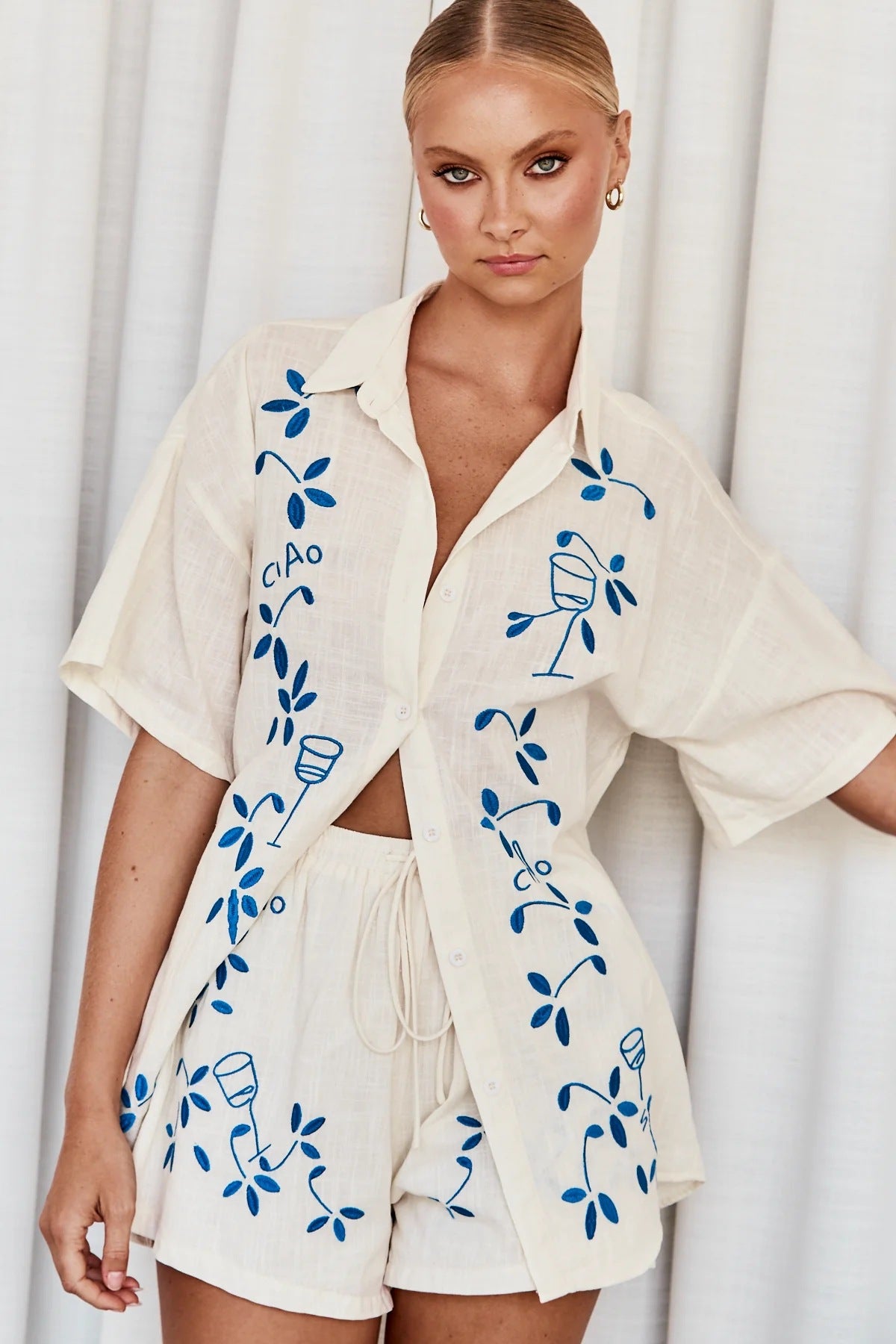 Blue Embroidery-Shorts Suit