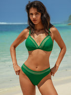 Green bikini split swimsuit set with triangle bra and high-cut bikini bottoms