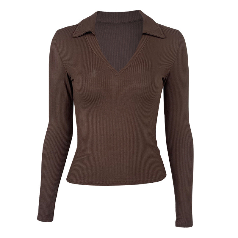 Women’s Black Ribbed Deep V Polo Top