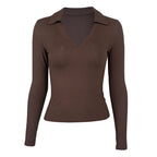 Women’s Black Ribbed Deep V Polo Top