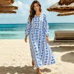 Summer Bohemian Printed Dress V Neck Long Sleeve Vacation Beach