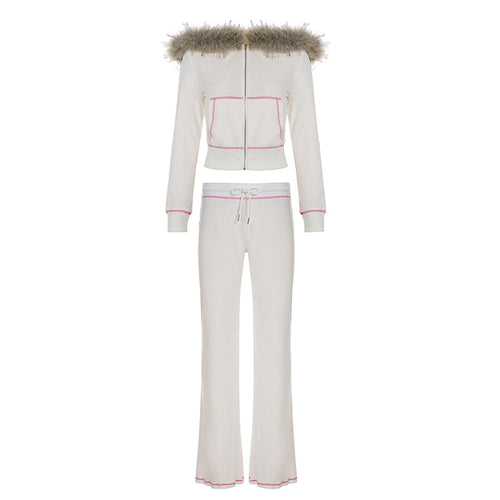 White velvet hooded cropped jacket with faux fur trim and matching flared pants