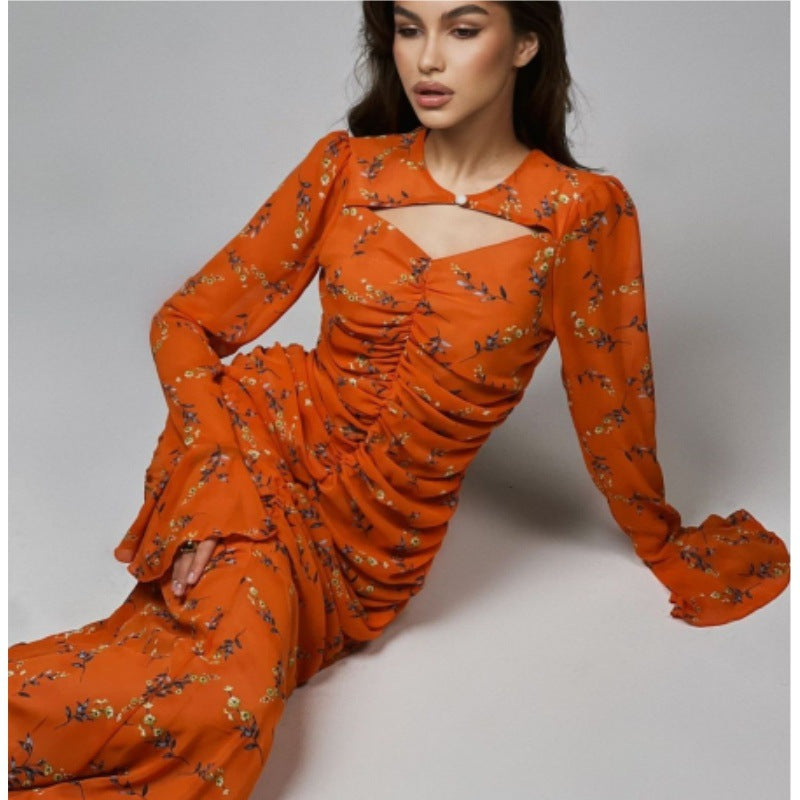 Women's Pleated Printed Chiffon Maxi Dress