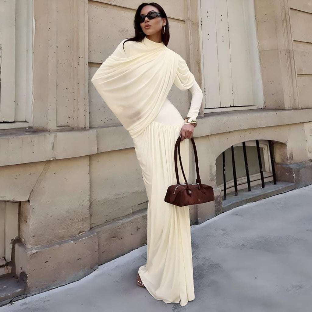Women's Autumn Winter Women Clothing Elegant Slim Solid Color Round Neck Waist Trimming Pleated Long Sleeve Dress For Women