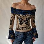 Women's Retro Butterfly Positioning Print Shoulder Bell Sleeve Top