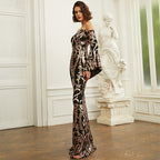 Long Sleeved Elegant Tight Long Sequin Slim Fit Off-Neck Annual Party Evening Dres