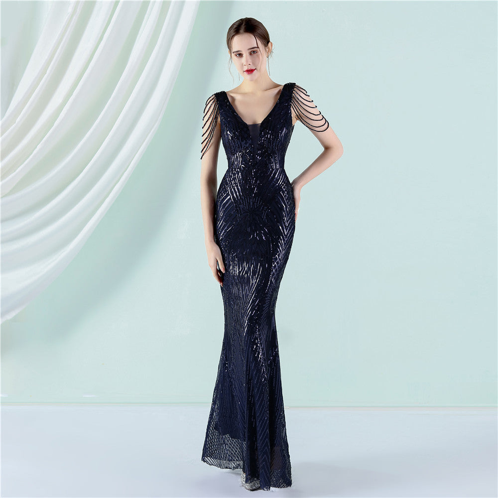 Women's Sequin Beaded Fishtail Evening Maxi Dress