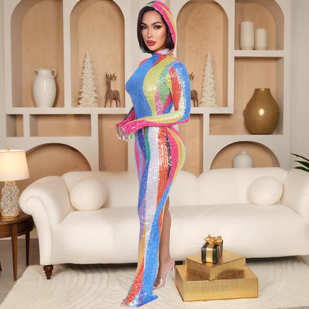 Performance Clothes Nightclub Bar Hooded High Slit Maxi Dress