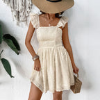 Smocking Flutter Sleeves Short Hollow Cutout Backless Slip Dress