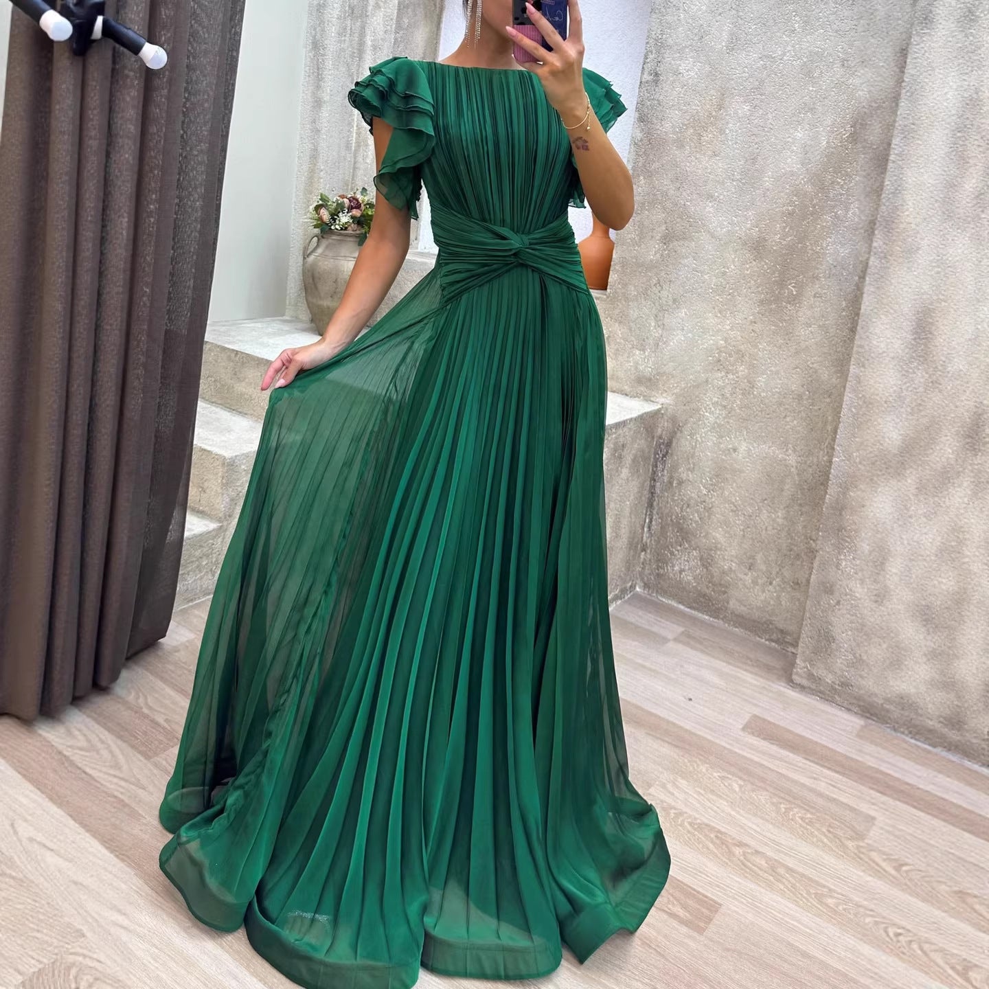 Women Sexy Pleated Short Sleeve Elegant Cocktail Long Green Evening Dress