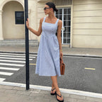 Women's Striped Square Neck Cotton A-Line Midi Dress