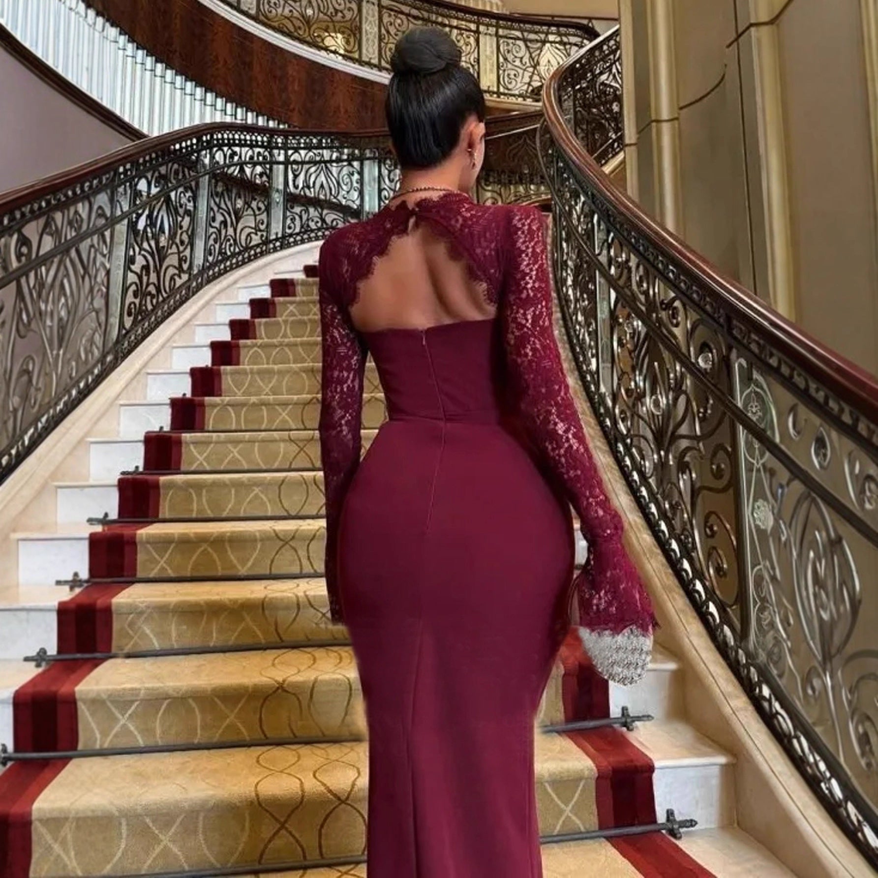 Women's Wine Red Lace Cutout Long Sleeve Maxi Dress