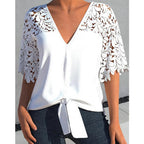 Women's Summer V Neck Sexy Lace Cutout Short Sleeved Chiffon Blouse Women Top