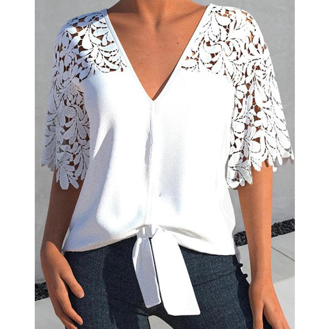 Women's Summer V Neck Sexy Lace Cutout Short Sleeved Chiffon Blouse Women Top