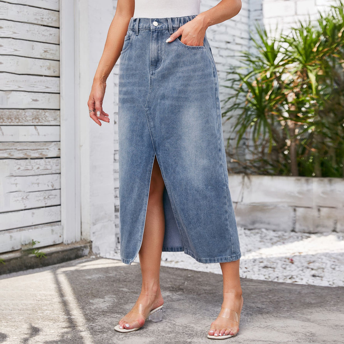 Split-Hem Denim Midi Skirt