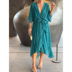 Solid Color Tied Maxi Dress Batwing Sleeve Irregular Asymmetric