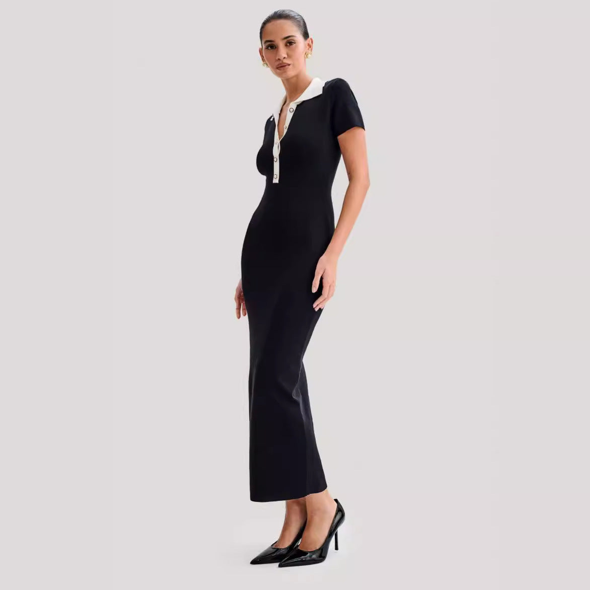 Collared Button Short-Sleeve Knit Bodycon Maxi Dress