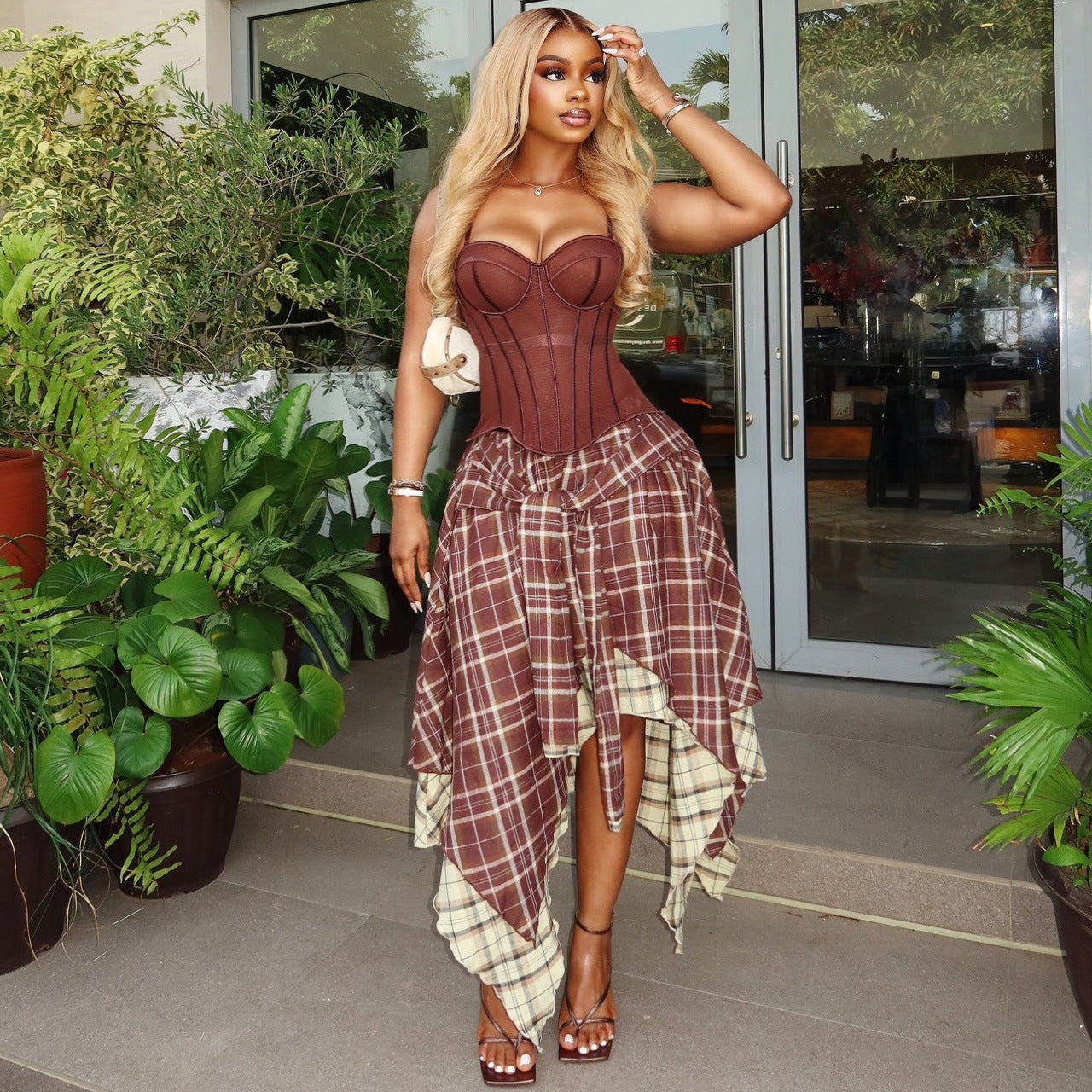 Women Clothing Summer Elegance Retro Plaid Irregular Asym