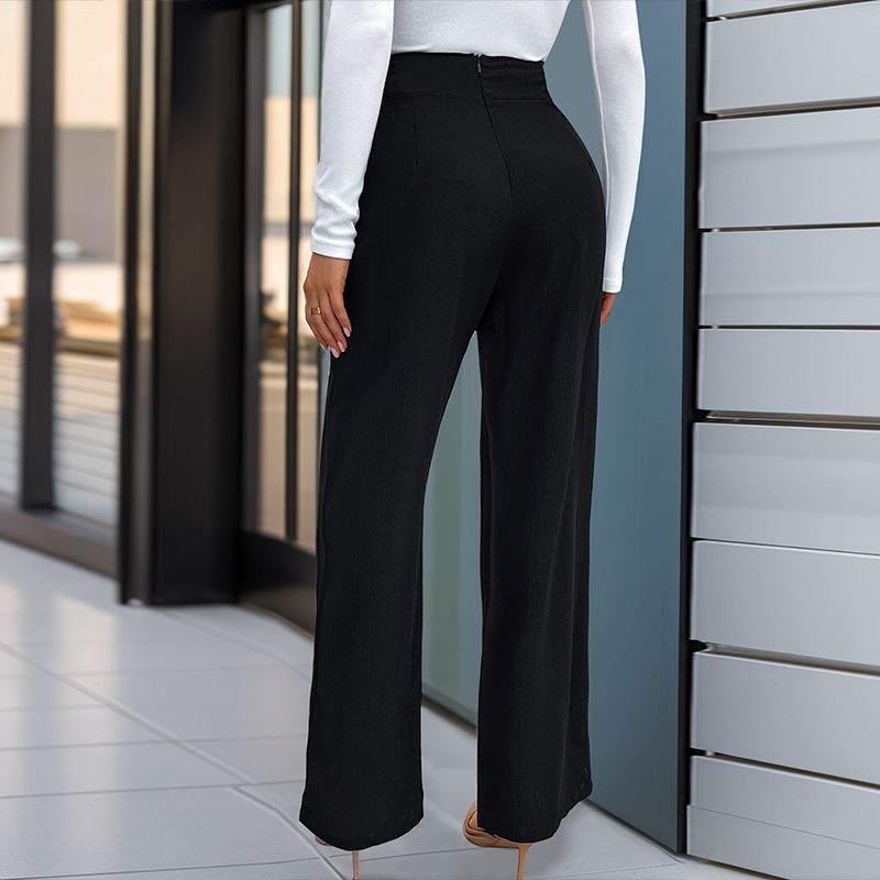 Solid Color With Buckle High Waist Straight Pants