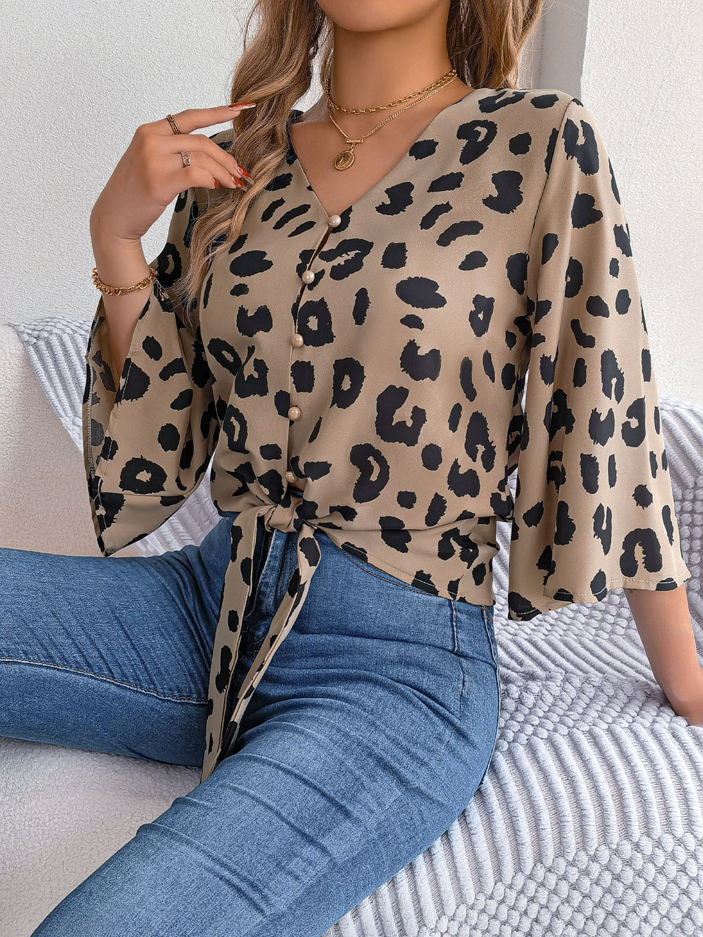 Women's Leopard Print Self Tie Chiffon Shirt