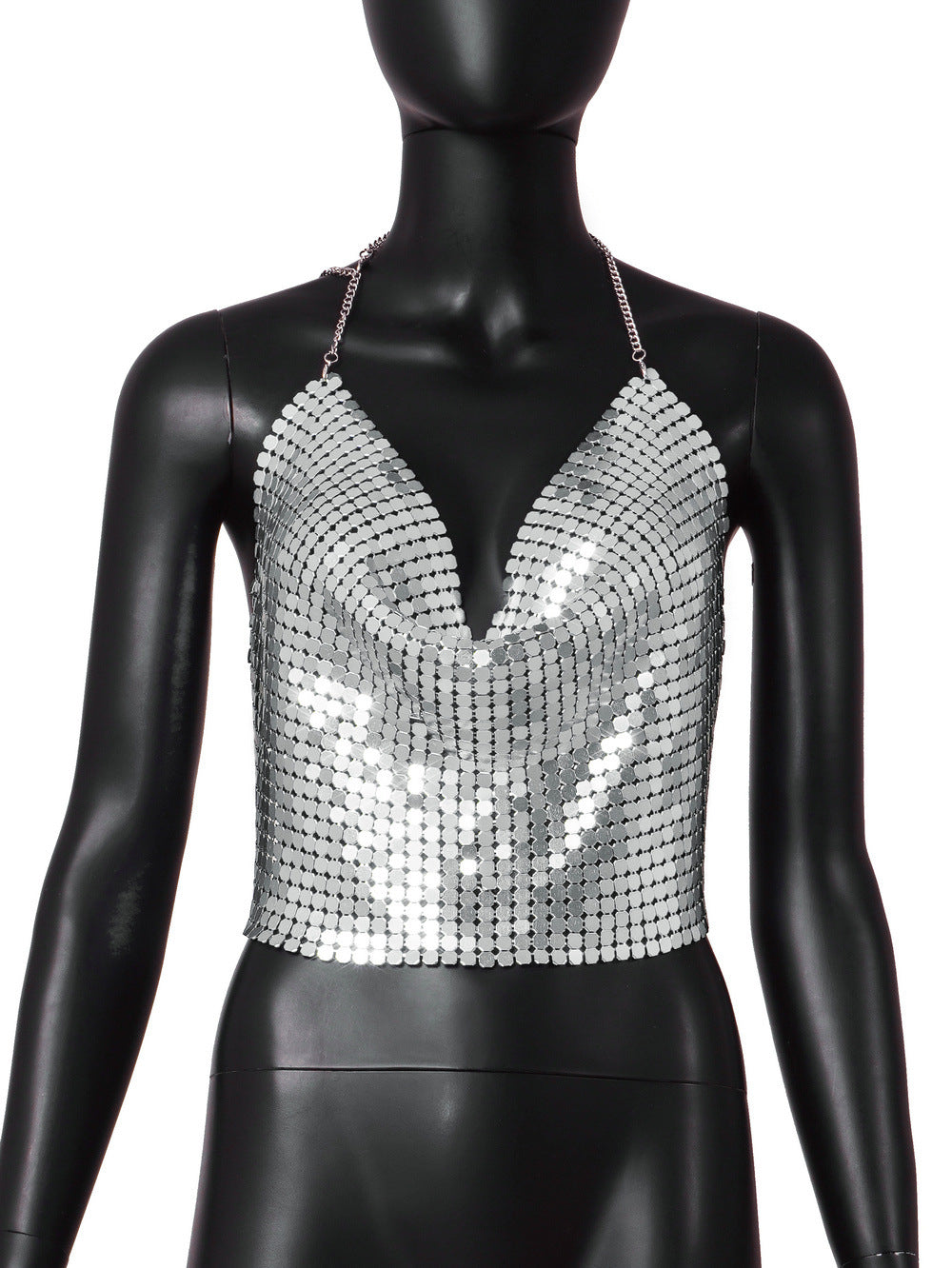 Low Cut Backless Metal Sequ Chain Strap Deep V Plunge Cropped
