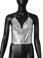 Low Cut Backless Metal Sequ Chain Strap Deep V Plunge Cropped