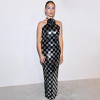 Women's Spring Maxi Dress Black White Plaid Sequin Stitching Halter Floral