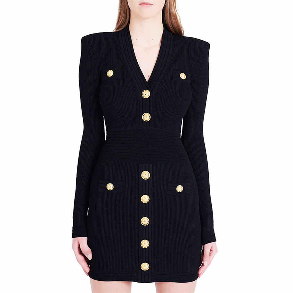 V-Neck Long-Sleeve Knit A-Line Mini Dress